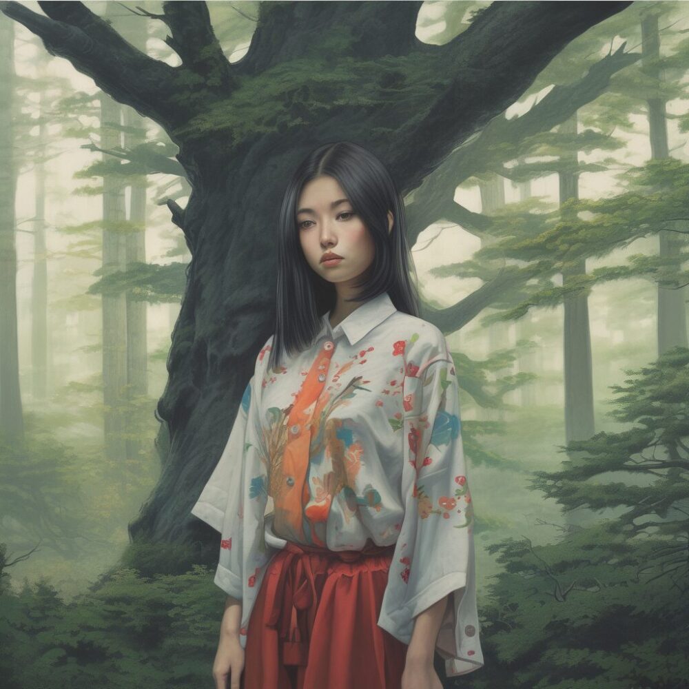 Draw Things森の中（forest, japanese girl, shirt）